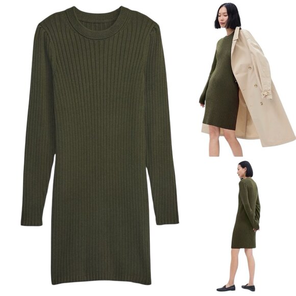 GAP Dresses & Skirts - GAP Sweater Rib Knit Dress Size XL Puff Sleeve Mini Deep Depths Green 770378